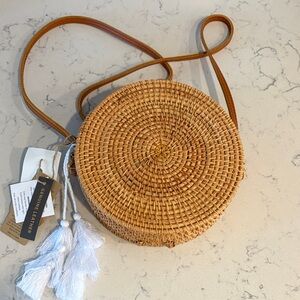 Round Rattan Crossbody Bag with White Tassels